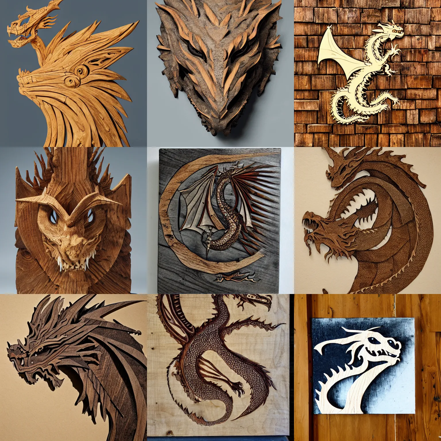 Prompt: a portrait of a dragon made of wood