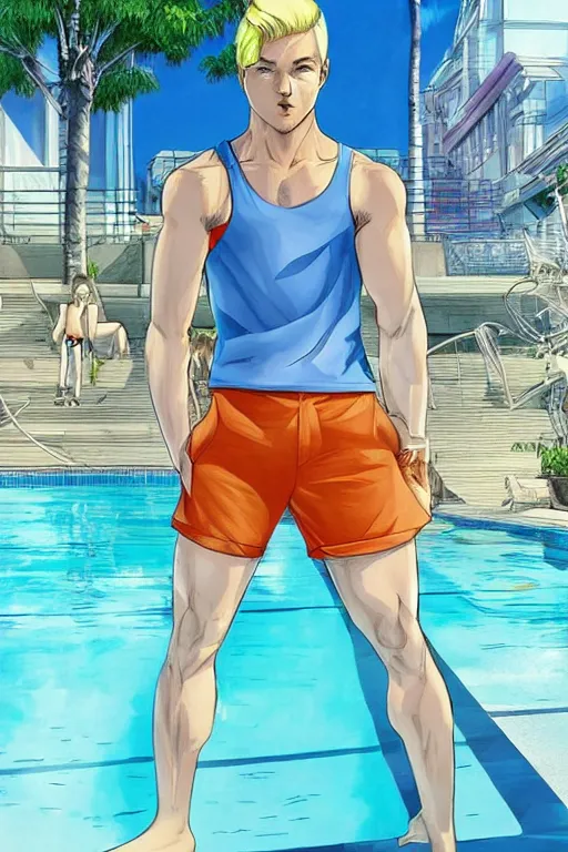 Image similar to a handsome man with blonde hair who is also a male android, ken, muscular, wearing a cut-off white tank top and short light orange shorts, stands by a swimming pool, facing forward, in the style of artgerm and moebius and annie liebovitz, photorealistic, highly detailed