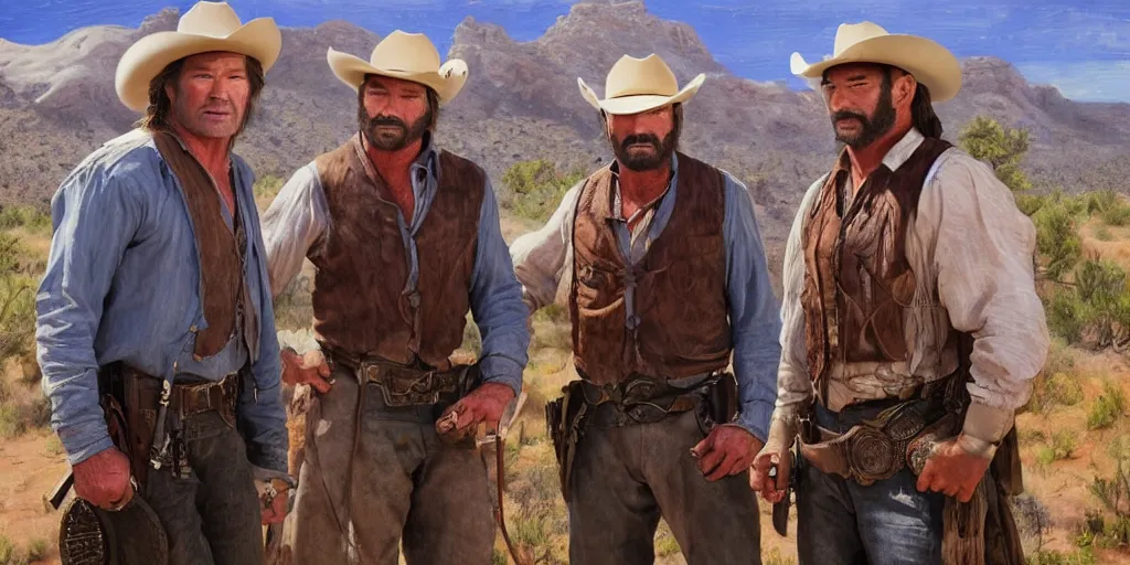 Prompt: (two men) cowboys Kurt Russel and Dave Bautista on the old west mountain trail, in the style of an oil painting