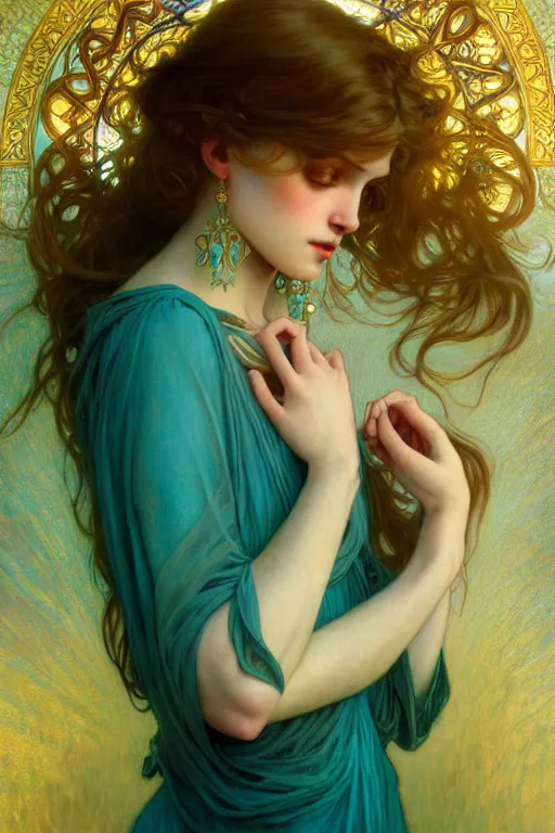 Image similar to pale teal, fantasy, intricate, elegant, dramatic lighting, emotionally evoking symbolic metaphor, highly detailed, lifelike, photorealistic, digital painting, artstation, concept art, smooth, sharp focus, illustration, art by John Collier and Albert Aublet and Krenz Cushart and Artem Demura and Alphonse Mucha