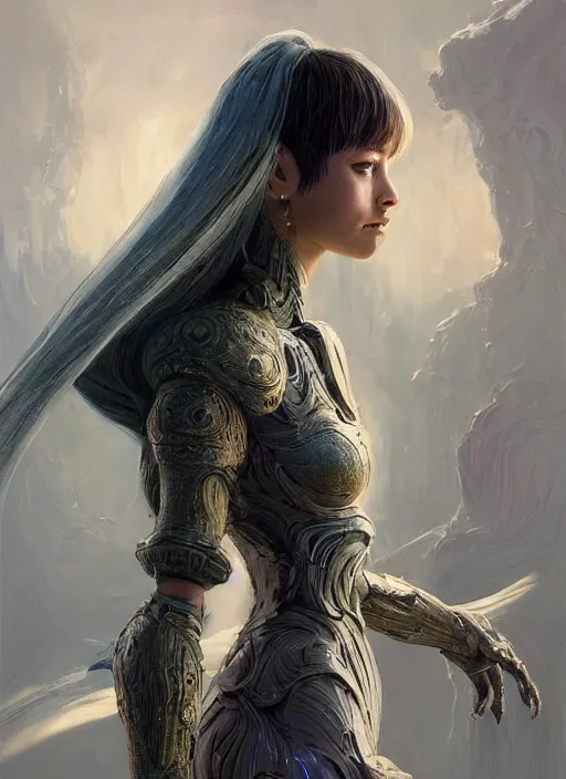 Image similar to a professional painting of a beautiful young female alien, clothed in ethereal armor, olive skin, long dark hair, beautiful bone structure, symmetrical facial features, intricate, elegant, digital painting, concept art, smooth, sharp focus, illustration, from Valerian and the City of a Thousand Planets, by Ruan Jia and Mandy Jurgens and Artgerm and William-Adolphe Bouguerea