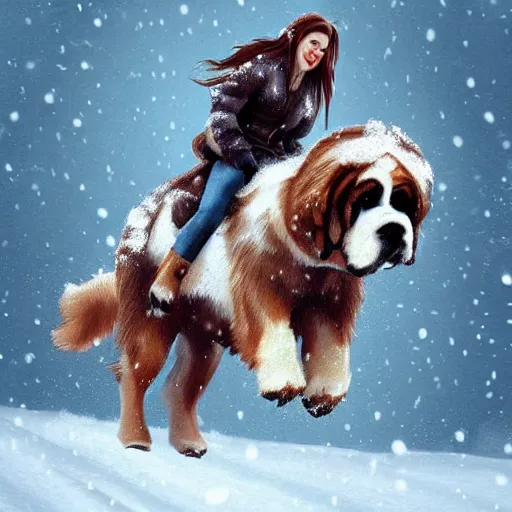 Image similar to girl riding giant saint bernard in the snow, trending on artstation