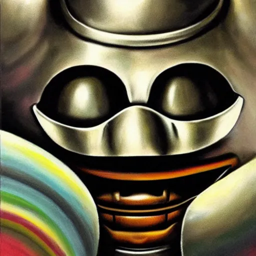 Prompt: beautiful lifelike painting of mf doom knowing what time it is like its time for teletubbies, hyperreal detailed facial features and uv lighting, art by ed roth and basil wolverton