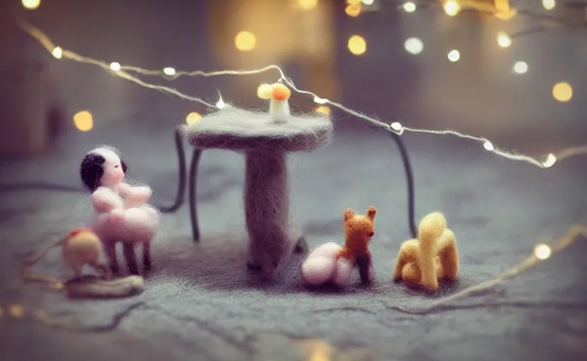 Image similar to mini cafe diorama macro photography, needle felted animals, ambient, atmospheric photograph, string lights, romantic