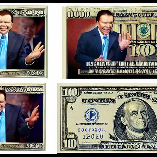 Prompt: kenneth copeland showering in money and coins while performing in church