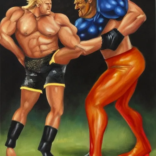 Image similar to Oil painting of buff Donald Trump wrestling in the WWF