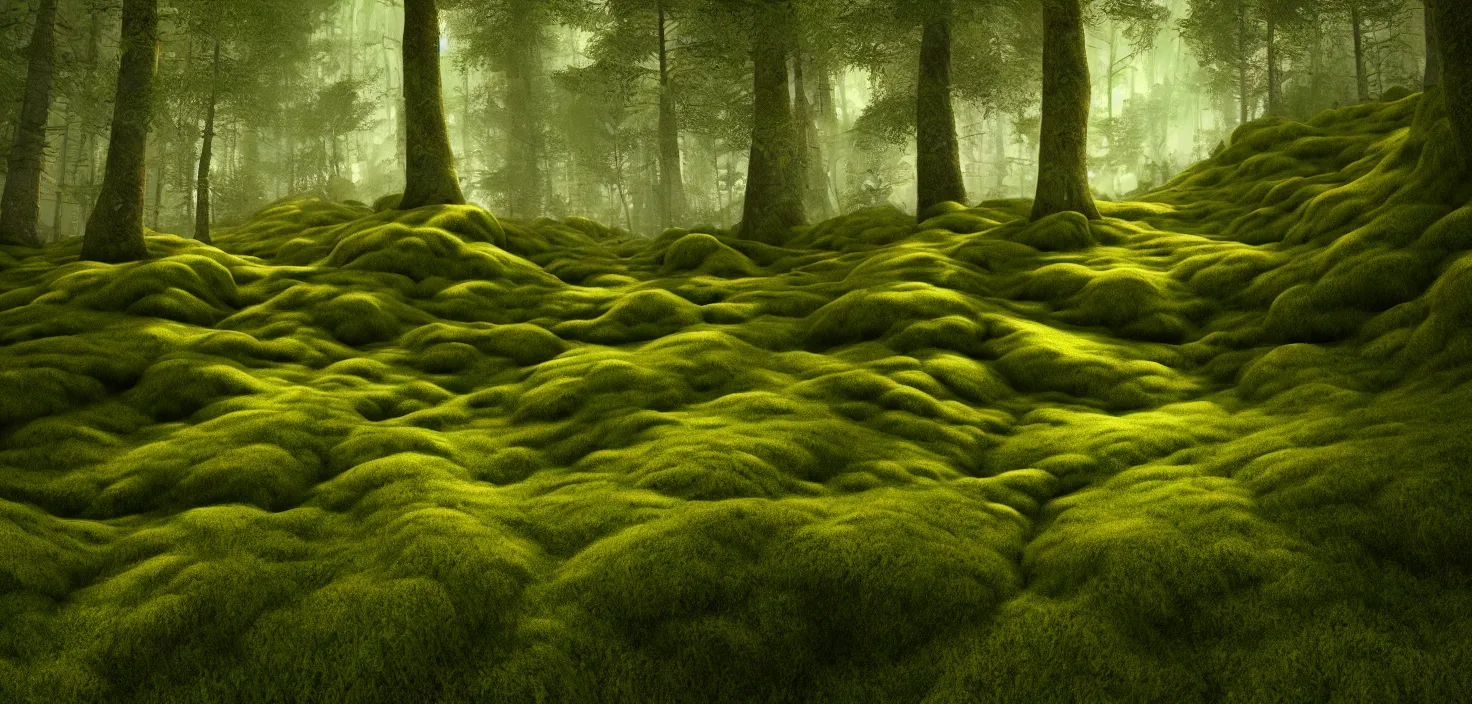 Image similar to random forest landscape, moss, incredible, vector art, octane render, fabulous, hyper detailed, random cinematic view, no noise, global illumination, warm lighting, volumetric, godrays, vivid, beautiful, style maxim shkret