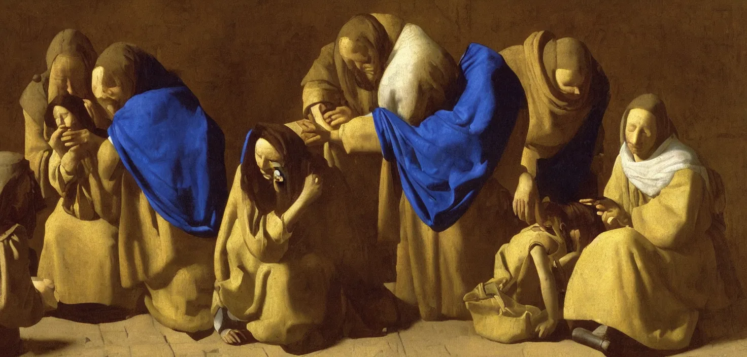 Image similar to a vermeer painting of three maria's crying at the grave of christ