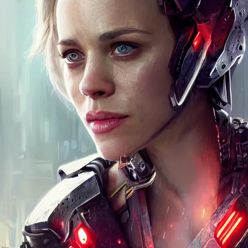 Image similar to rachel mcadams portrait, dystopia core, apocalyptic, armor, warrior, dramatic, sharp focus, fiction, neon, fantasy, hyper detailed, digital art, trending in artstation, cinematic lighting, studio quality, smooth render, unreal engine 5 rendered, octane rendered, art style and nixeu and wlop and krenz cushart