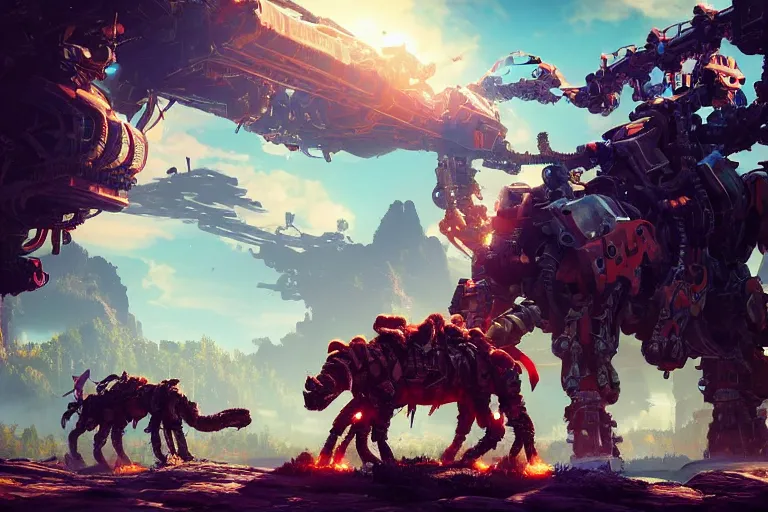 Image similar to behemoth machine mecanical creature robot of horizon forbidden west horizon zero dawn radiating a glowing aura global illumination ray tracing hdr fanart arstation by ian pesty and alena aenami artworks in 4 k