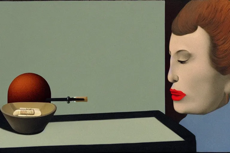 Image similar to a lit joint lying in an ashtray, slow, smoke in the shape of a woman's face, surreal, magritte