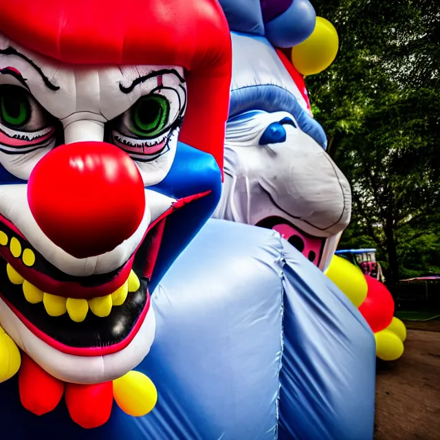 Image similar to scary bouncy castle clown, highly detailed, 8 k, hdr, smooth, sharp focus, high resolution, award - winning photo