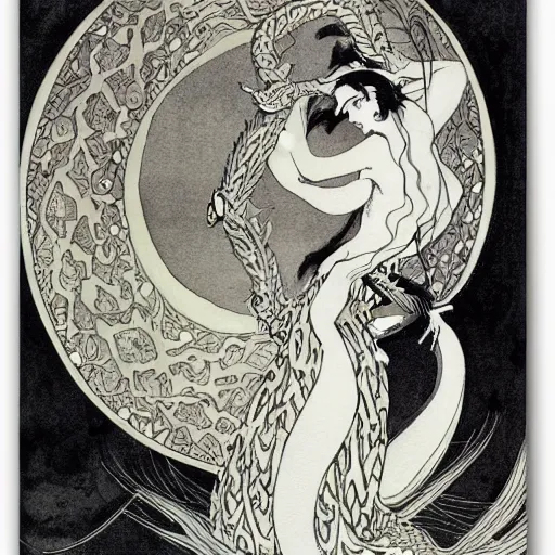 Image similar to the dragon lord of dreams watercolour painting by Aubrey Beardsley