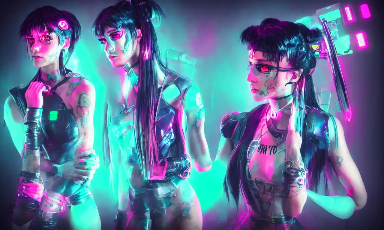 Image similar to neon cyberpunk sailor moon with arm tattoos, 1 / 4 headshot, cinematic lighting, dystopian scifi gear, gloomy, profile picture,