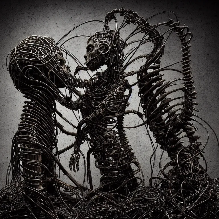 Image similar to portrait of abandoned ribbed organic biomechanical sculpture of two kissing cyborgs, covered with wires, spines, roots, ash, mold, meat, baroque painting, standing in a desolate empty wasteland, creepy, nightmare, dream-like heavy atmosphere, dark fog, surreal abandoned buildings, baroque painting, beautiful detailed intricate insanely detailed octane render trending on Artstation, 8K artistic photography, photorealistic, volumetric cinematic light, chiaroscuro, zoomed out, Raphael, Caravaggio, Beksinski, Giger BW