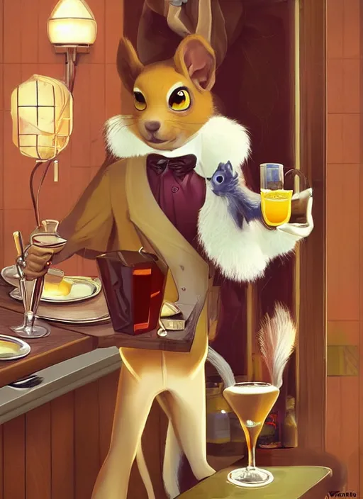 Prompt: squirrel anthro as a dapper bartender with a big, fluffy tail, retro futurism, art deco, detailed, painterly digital art by WLOP and Cory Loftis and Norman Rockwell, 🐿🍸🍋, furaffinity, trending on artstation