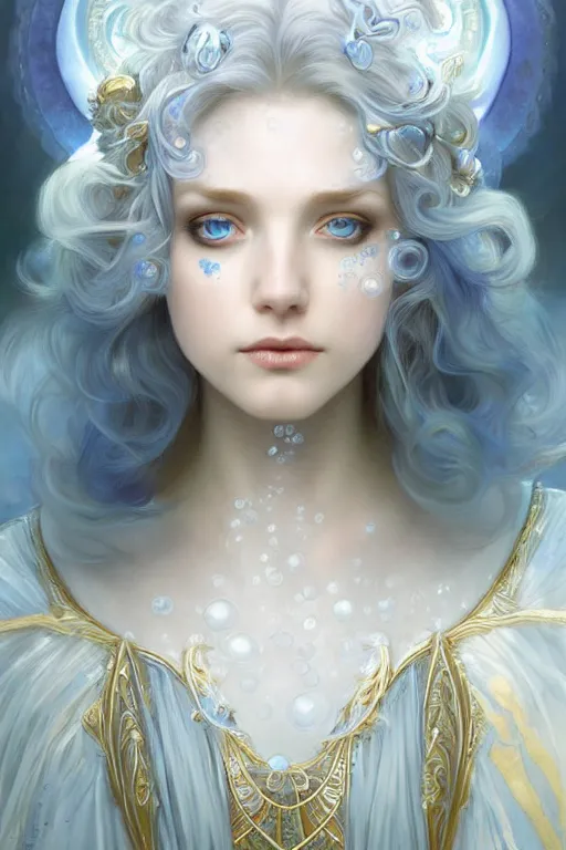 Prompt: portrait of white ghost, fantasy, gradient white blue grey, dreamy and ethereal, blue eyes, golden ratio, peaceful expression, ornate frilly dress, fantasy, intricate, elegant, rainbow bubbles, highly detailed, digital painting, artstation, concept art, smooth, b sharp focus, illustration, art by artgerm and greg rutkowski and alphonse mucha