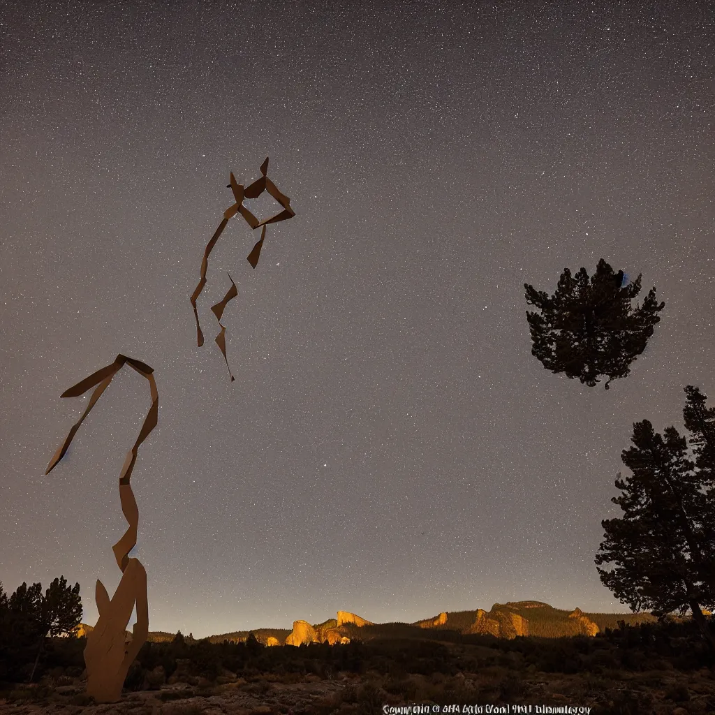 Image similar to to fathom hell or soar angelic, just take a pinch of psychedelic, a colossal minimalistic necktie sculpture installation ( by antony gormley and anthony caro ), reimagined by future artists in yosemite national park, granite peaks visible in the background, in the distant future, taken in the night