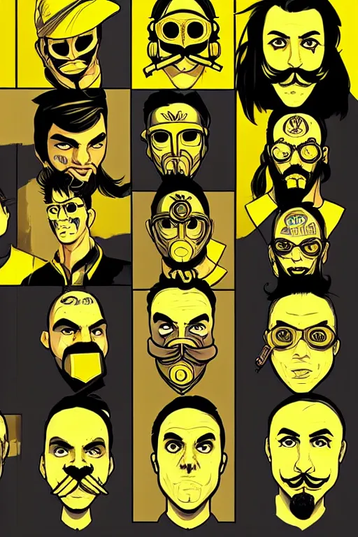 Image similar to saints street gang wear yellow bandanas, and some of them have thick mustaches, full body portrait, artgrem, illustration, concept art, pop art style, dynamic comparison, fantasy, bioshock art style, gta chinatowon art style, hyper realistic, face and body features, without duplication noise, hyperdetails, differentiation, sharp focus, intricate