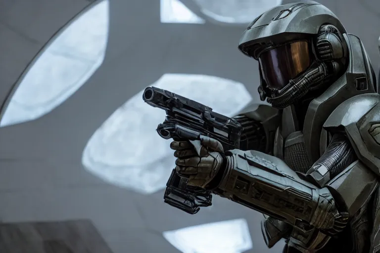 Prompt: vfx movie closeup, sci - fi super soldier in worn military futuristic armor, posing with futuristic rifle in alien technology temple, master chief by emmanuel lubezki