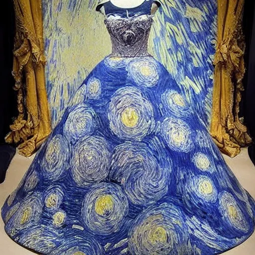 Image similar to Stunning photograph of a magnificent and extravagant ball gown designed after by Van Gogh's Starry Night. Fashion contest winning piece. Studio lighting