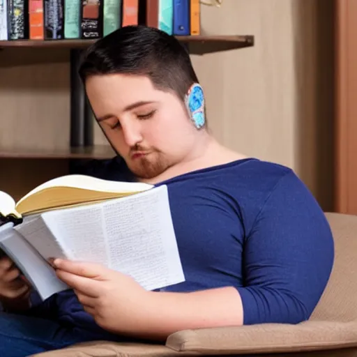 Prompt: a thicc transman, sitting down reading a book