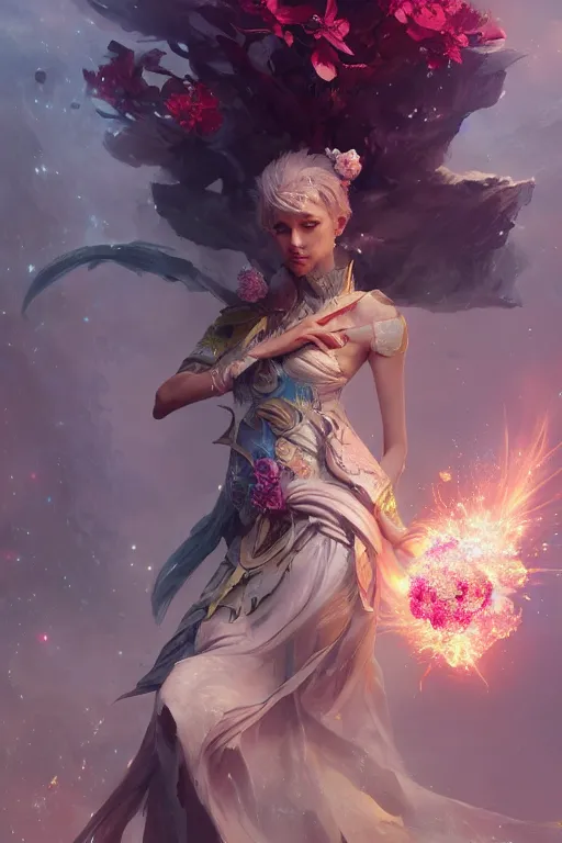 Image similar to beautiful girl necromancer covered with crystals exploding space, 3 d render, hyper realistic detailed portrait, holding magic flowers, ruan jia, wlop. scifi, fantasy, hyper detailed, octane render, concept art, peter mohrbacher