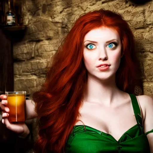 Image similar to beautiful bar maid with auburn hair and green eyes, in a medieval tavern at night, dramatic, cinematic, filmic