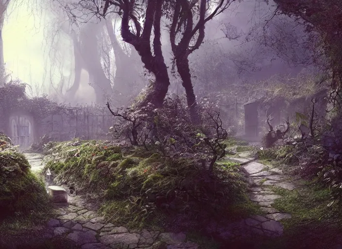 Prompt: secret garden, in the style of pan's labyrinth movie, pathway, deep dwell, spooky, dark, concept art, unreal engine 5, matte painting, artstation, caspar friedrich, wlop