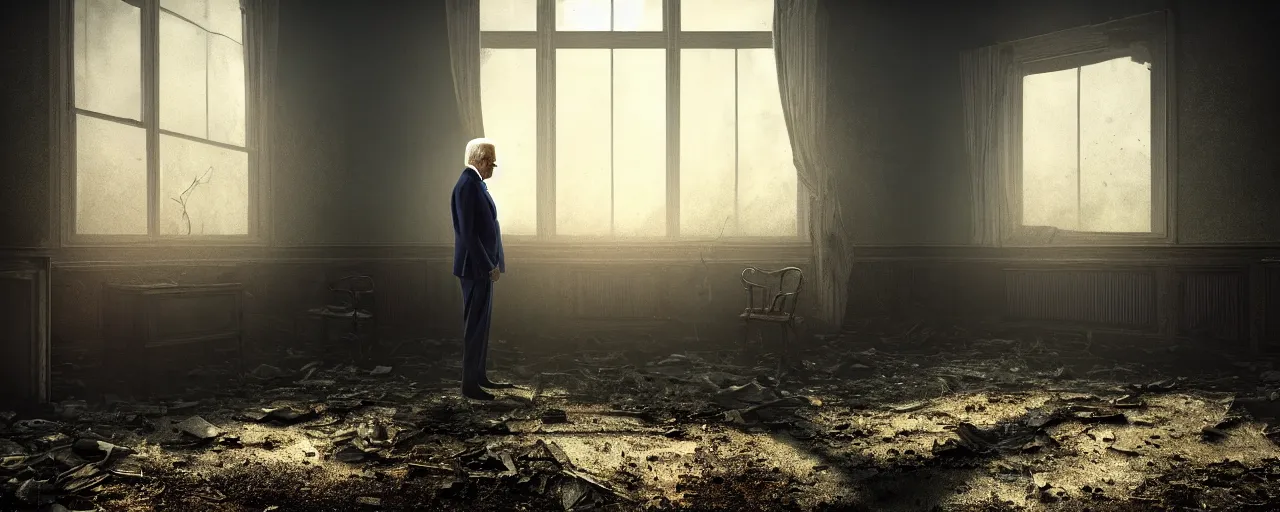 Image similar to joe biden stands alone in an abandoned derelict house with sunlight coming through old dusty windows, collapsed ceiling, dirt, old furniture, dust and cobwebs, gloomy and foggy atmosphere, hyperdetailed, artstation, cgsociety, anatomically correct, beautiful perfect face, sharp focus, highly detailed, cinematic lighting, 8 k, hd