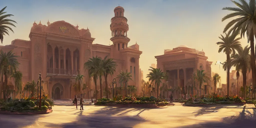 Image similar to a beautiful concept painting in the style of eddie mendoza with a landscape of the khedival opera house in talaat harb square cairo with lush landscaping, date palm trees, shrubs and flowers. eddie mendoza, trending on artstation