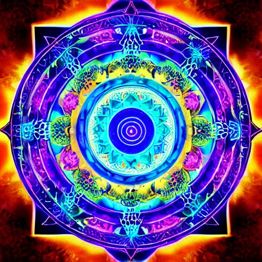 Image similar to rainbowcore, taichi sign glowing, surrounded by lotus, with the sun shining with the moon, with detailed mandala filled with fractals, bioluminescence, glowing runes, de-noise, symmetrical composition, high detailed, super clear, ornate border, 32k, by qiu ying