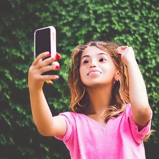 Image similar to “portrait of a young girl taking a selfie with heart emojis floating around”