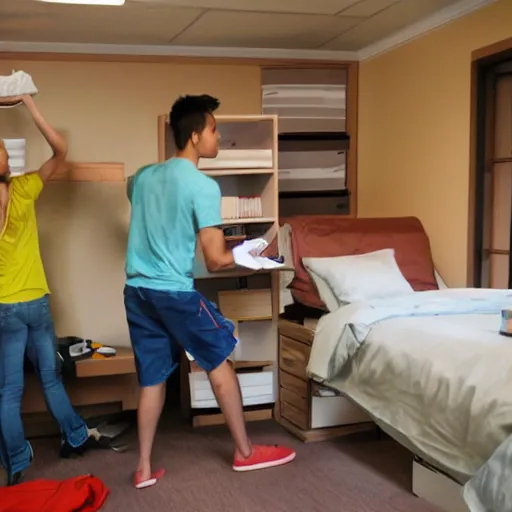 Image similar to monkeys moving into college dorm setting up furniture