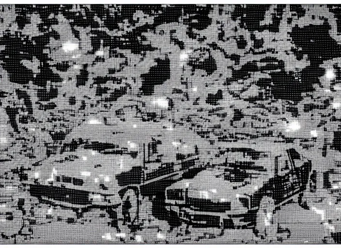 Image similar to synthesized hologram aiburning wrecked mercedes 1 2 4, pixelart, game 8 - bit monochrome gameboy!!, takato yamamoto. masterpiece. rendered in blender, ultra realistic, smooth shadows, ultra detail, high resolution, cinematic, unreal 6, 8 k