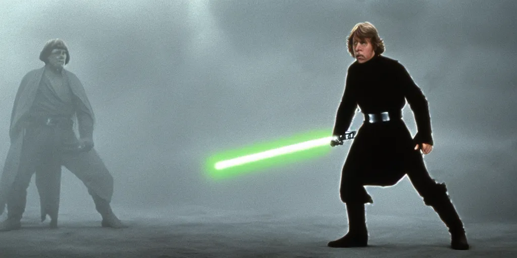 Image similar to Luke Skywalker Return of the jedi played by Mark Hamill 1983, standing alone, full body shot, motion blur, sequel trilogy 80s, green lightsaber, heroic pose, ultra realistic, 4K, movie still, UHD, sharp, detailed, cinematic, render, modern