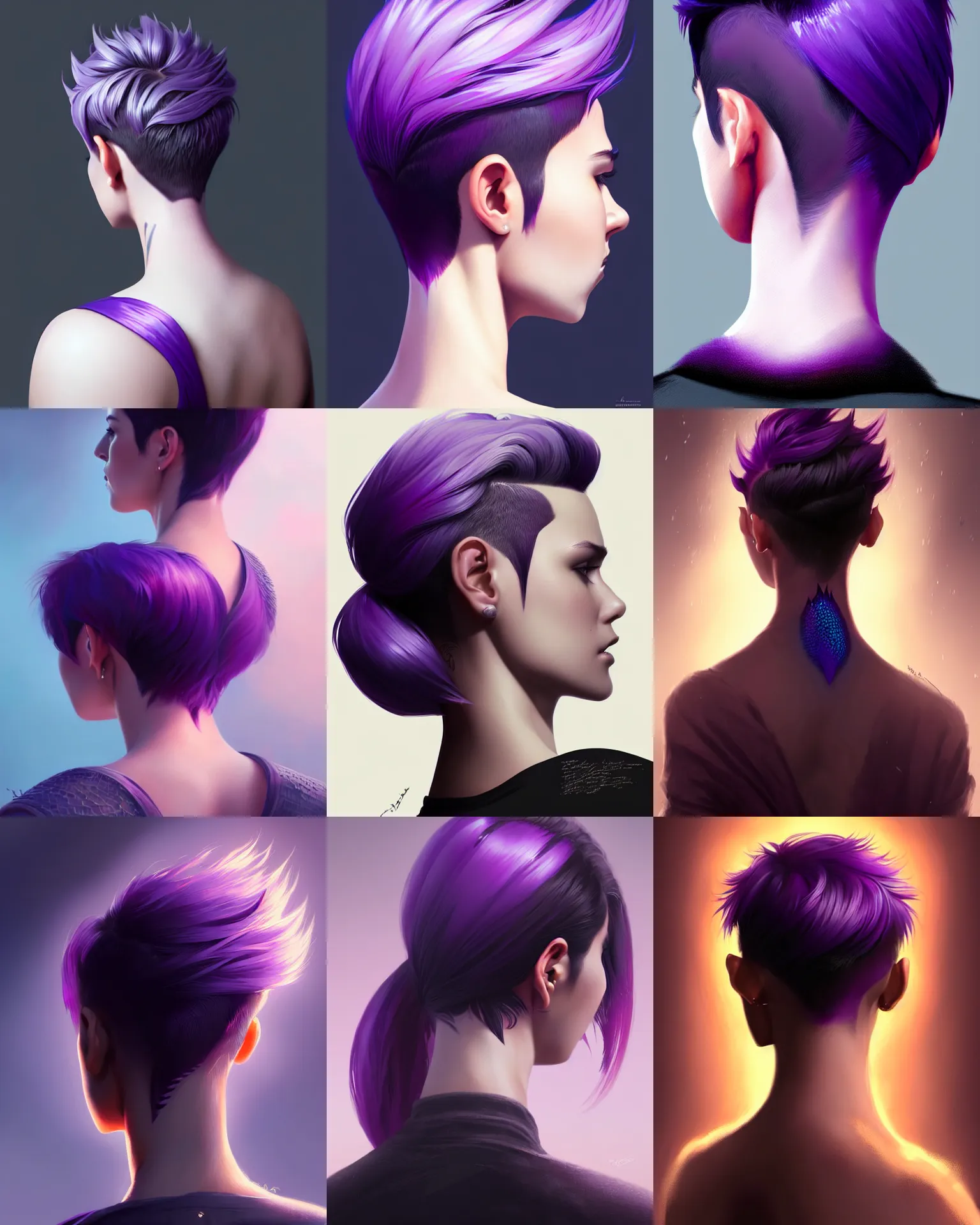 Prompt: Back Portrait of attractive young adult female, pixie undercut hairstyle, black to purple fade hairstyle, thick dragon scales peak through hair, rim light, highly detailed, digital painting, artstation, concept art, sharp focus, illustration, art by WLOP and greg rutkowski