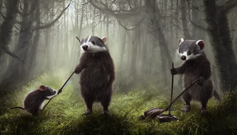 Prompt: A badger wearing a dark brown cloak and a walking stick entering a forest clearing, beside the badger, there is a small mouse they look at the light shining through the trees, hyperdetailed, artstation, art by Andrew Bosley, , 8k