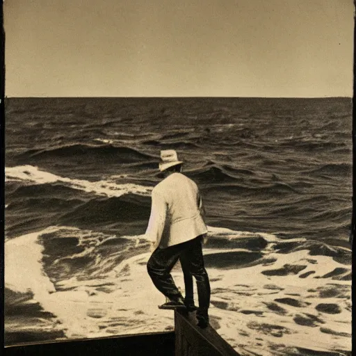Prompt: victorian man standing on the boat in the middle of the sea in the style of richard serra