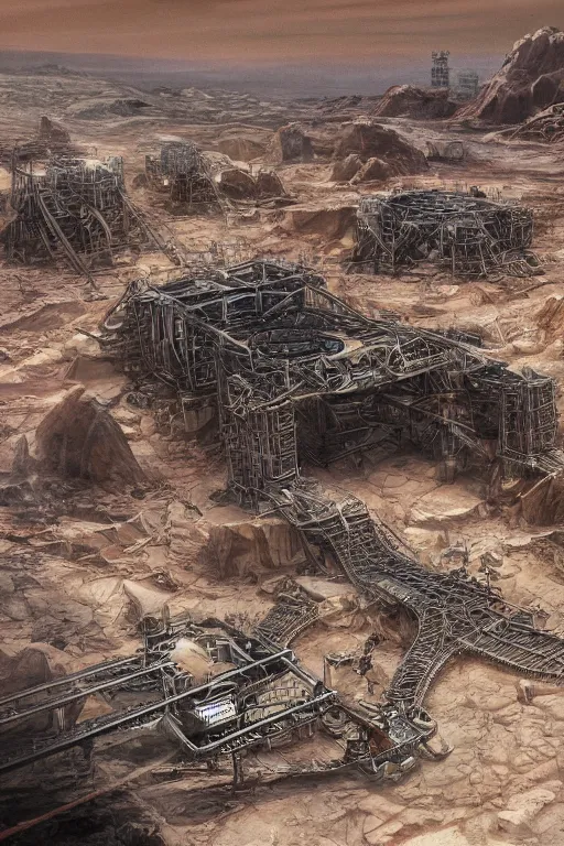 Prompt: industrial minning plant in a quarry in the middle of the desert of Mars planet concept art by yoshitaka amano and H.R. Giger, intricate detail, 8k, featured art