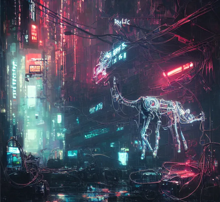 Prompt: robot cyborg unicorn, many wires and neon lights exposed, metal and glowing eyes, cyberpunk, highly detailed painting by jeremy mann and cd projekt red