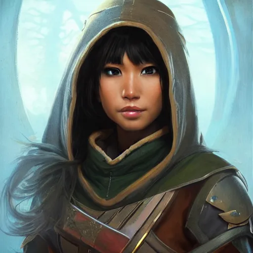 Prompt: a brown skinned asian woman in destiny hunter armor, wearing a hooded cloak, beautiful face!!!!, blue eyes, brown hair in a bob, 2 7 years old, cg animation, realistic, character select portrait, by artgerm, greg rutkowski, alphonse mucha, 3 d