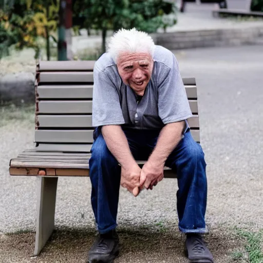 Prompt: A photo of an old man, blonde hair, graying hair, casual outfit, sitting on a bench, scars