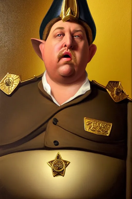 Prompt: high elf mall cop with a sheriff's badge that is fat, shifty, and incompetent, portrait from the chest up, Oil Painting, hyper realistic, dutch golden age, 3/4 bust