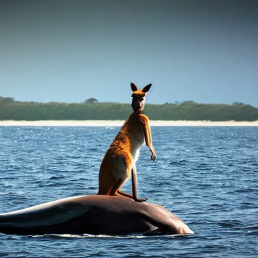 Image similar to scenic photo of a kangaroo standing on a whale. extremely large wings. extreme detail, hyperrealistic photo