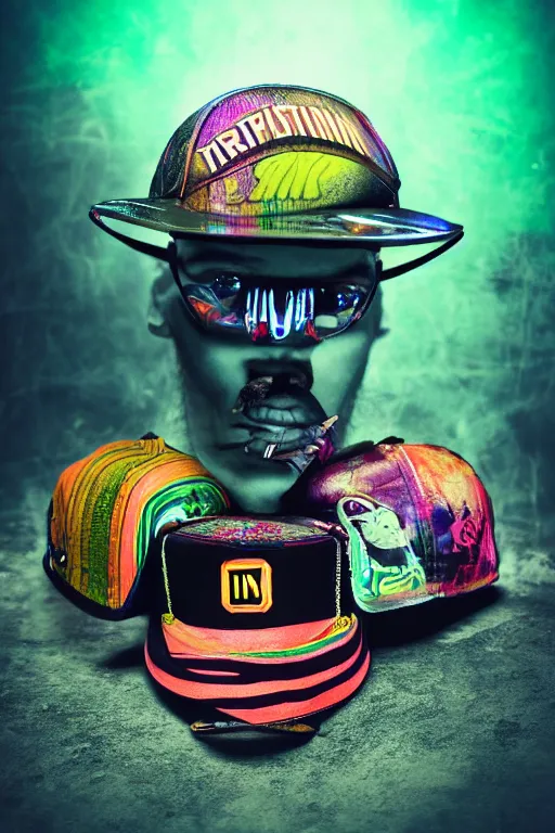 Image similar to fashion photo of one baseball cap, band merchandise, bandname is tripmachine, tourname is invasion of the tripmachines, realistic digital art, printed with a 3 d render of a huge futuristic steampunk generator, 8 k, fluorescent colors, halluzinogenic, multicolored, exaggerated detailed, unreal engine