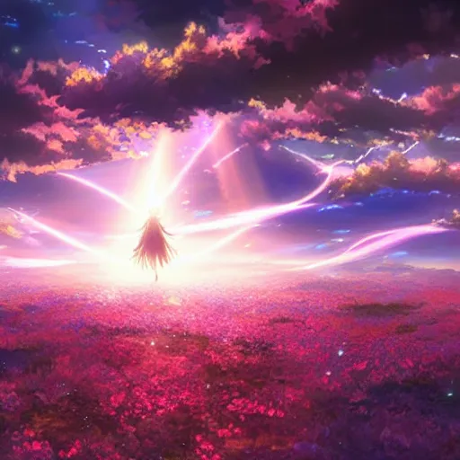 Image similar to stunning, glitchy, 4 k, landscape, galaxy, flowers, volumetric lighting, ufotable art style, art by hajime sorayama, epic sky, god rays, by akihiko yoshida, photorealistic dramatic liquid anime girl