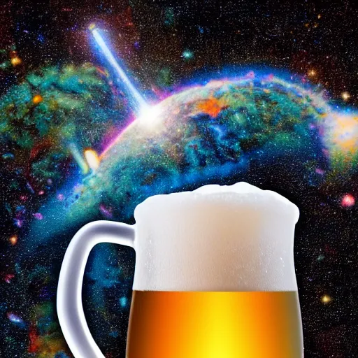 Prompt: a glass of space water, hypergalactic, dreamlike, splashing, pop art, high resolution 8 k, beer mug,