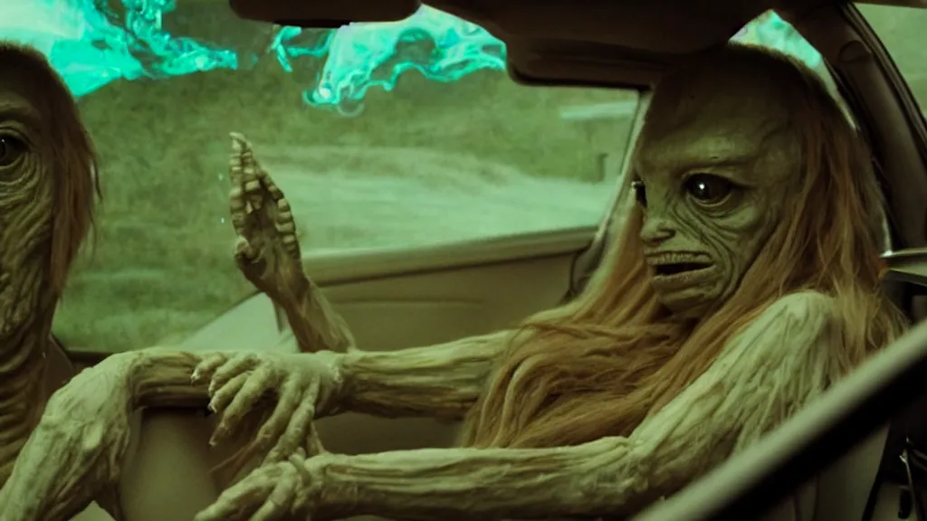 Prompt: the creature sits in a car, made of glowing wax, they stare at me, film still from the movie directed by denis villeneuve and david cronenberg with art direction by salvador dali, wide lens