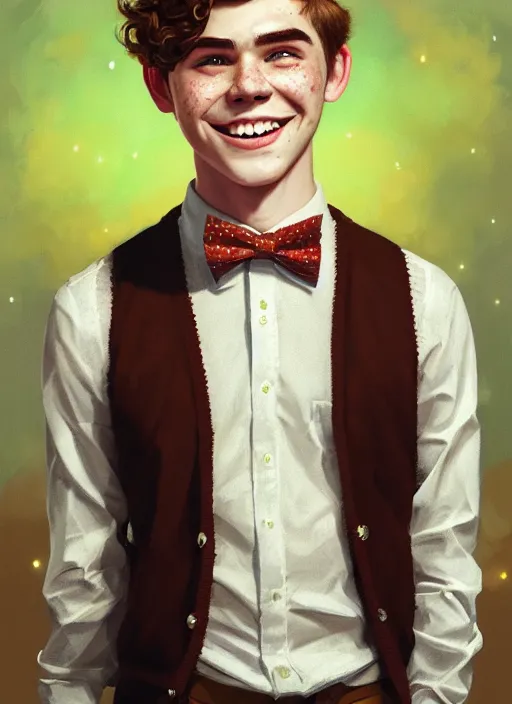 Image similar to portrait of teenage archie andrews, freckles, curly middle part haircut, curly hair, middle part hairstyle, smiling kindly, wearing a bowtie and sweater vest, intricate, elegant, glowing lights, highly detailed, digital painting, artstation, concept art, smooth, sharp focus, illustration, art by wlop, mars ravelo and greg rutkowski